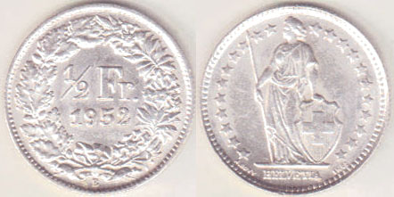 1952 Switzerland silver 1/2 Franc A003054